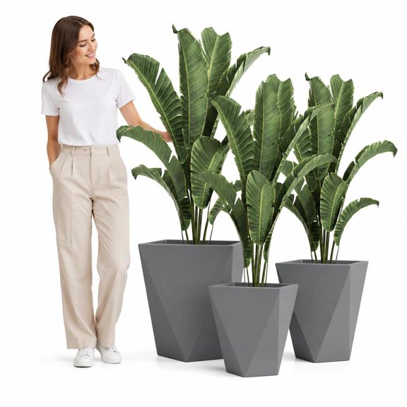 Stackable Mg O Planter Set, set of 3 tall flower pots with drainage holes, gray