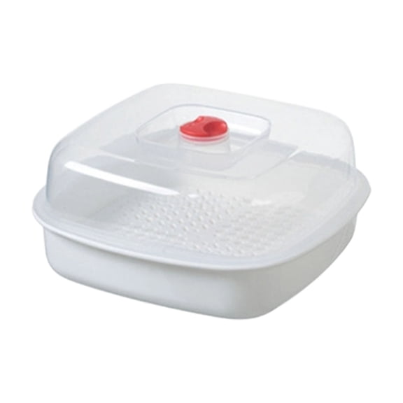 Stackable Microwave Steaming Container with Quick-Release Vents, Handle & Visible Cover for Even Heating