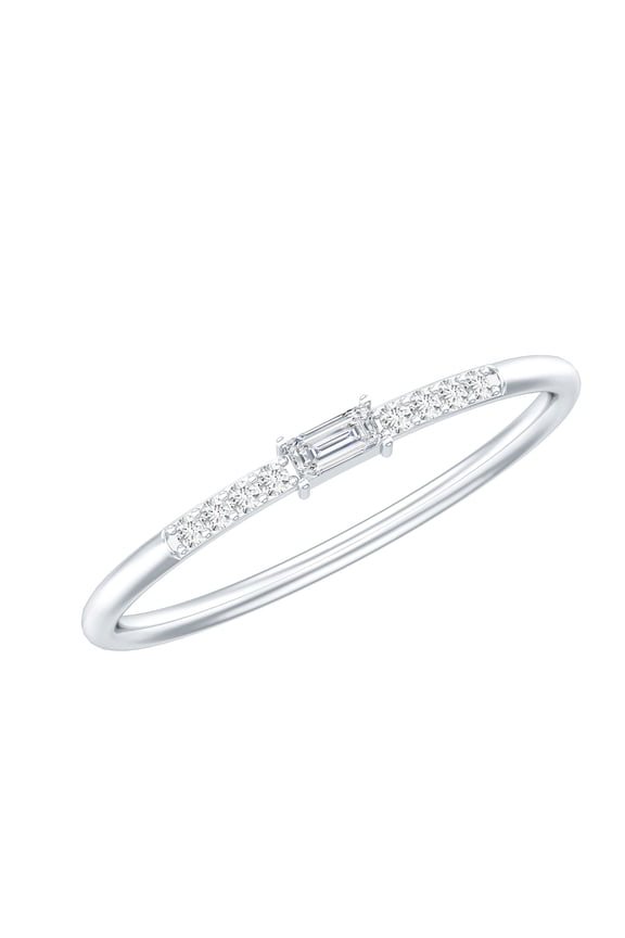 Stackable Moissanite Ring for Women, Round and Baguette Moissanite Minimal Ring (D Color VS1 Clarity, Rosec Jewels), 10K White Gold, US 10.00