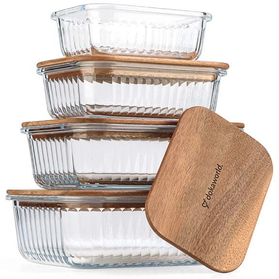 Stackable Nesting Glass Food Storage Jars Brown 5( Acacia Ribbed 4) with Airtight Lids for Meal Prep and Lunch