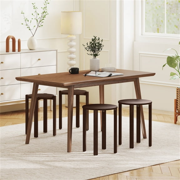 Stackable Nesting Stools Set 4 Piece Lockable Rolling Base Solid Rubber Wood Dining Stools Extra Seating Walnut