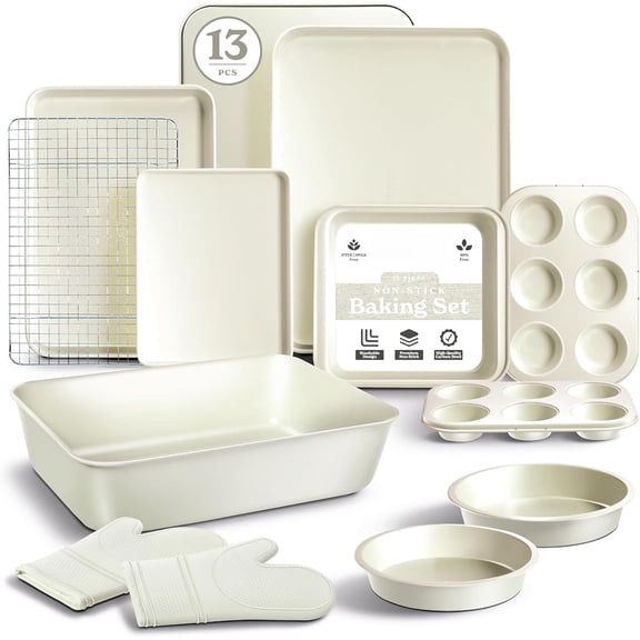 Stackable Nonstick Bakeware Set Heavy Duty Cream 13 Pcs