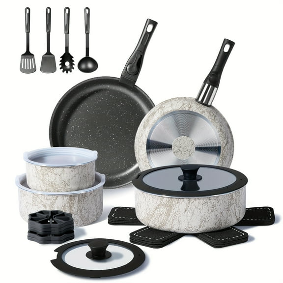 Stackable Nonstick Cookware Set 24pcs - Detachable Handles, Frying Pans/Saucepans, 350°F Oven/Dishwasher Safe (White/Black)