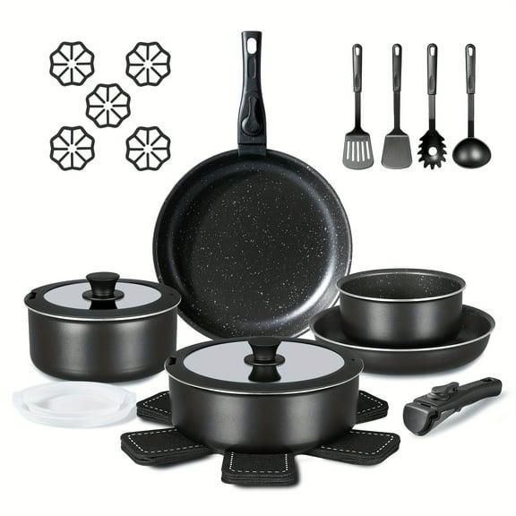 Stackable Nonstick Cookware Set 24pcs - Detachable Handles, Frying Pans/Saucepans, 350°F Oven/Dishwasher Safe (White/Black)