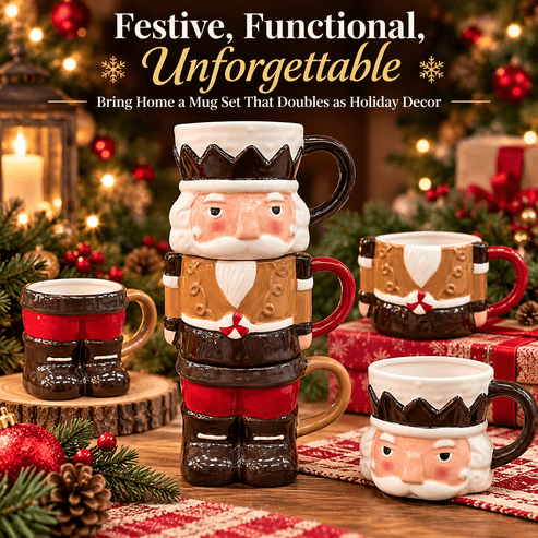 Stackable Nutcracker Christmas Mug Set,3-Piece Holiday Coffee Cups with Festive Design,Festive Kitchen Decor and Drinkware for Home