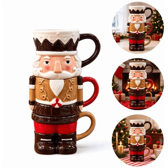 Stackable Nutcracker Mug, Set of 3 Stacking Mugs with Nutcracker Design for Seasonal Home Decor