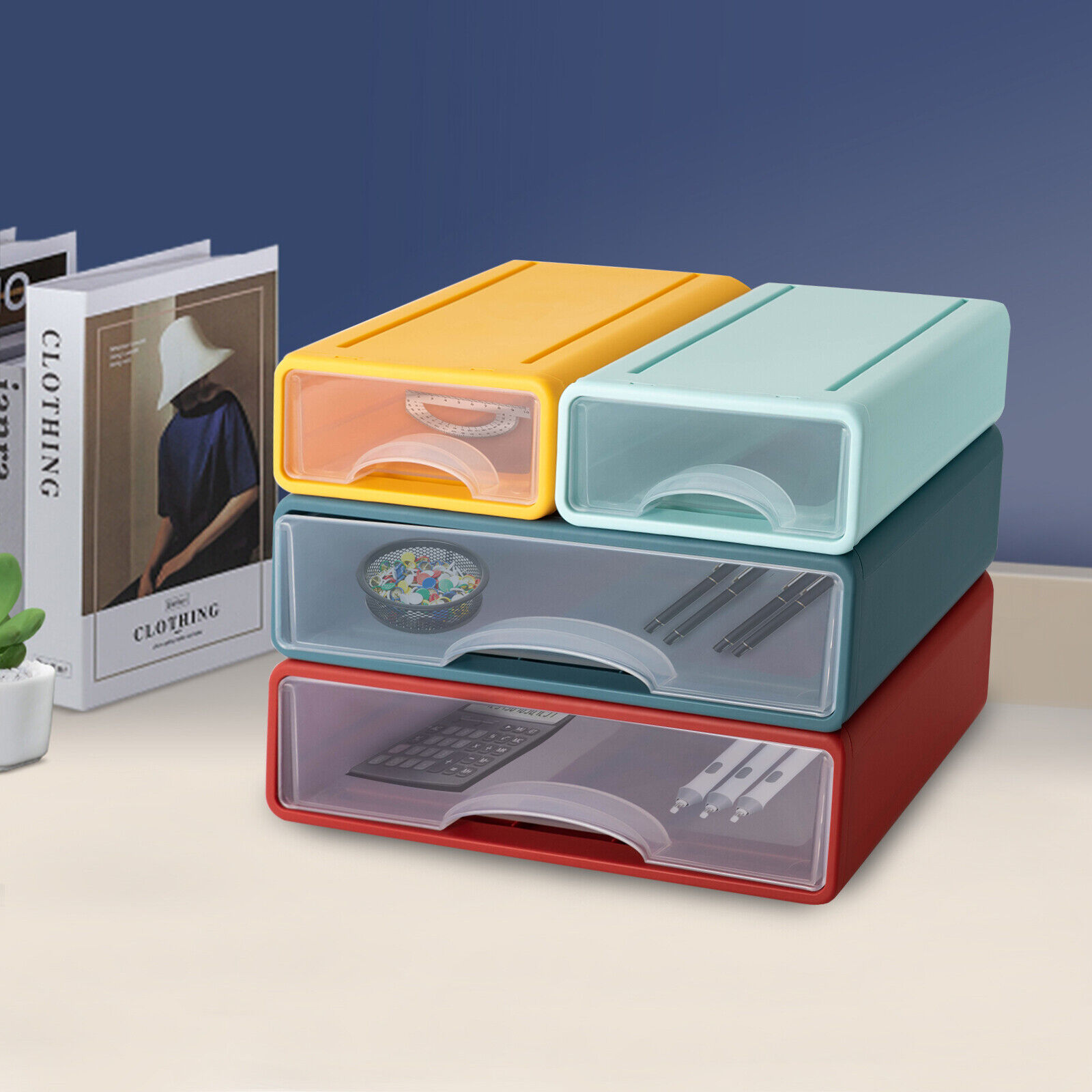 Stackable Office Storage Box with 4 Drawers, Desktop Container