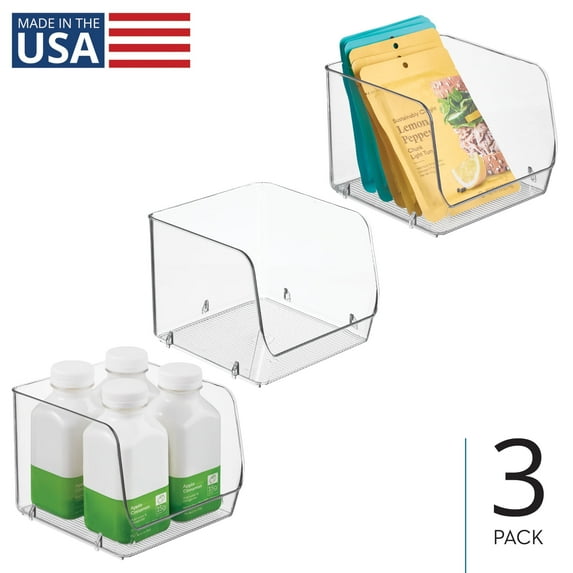 iDesign Stackable Open-Front Storage Bins - Set of 3 - Clear- Made in USA