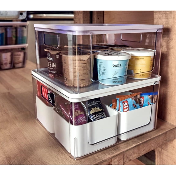 Stackable Open-Front Storage Bins with Lid for Kitchen and Pantry - Set of 3 - Clear/White
