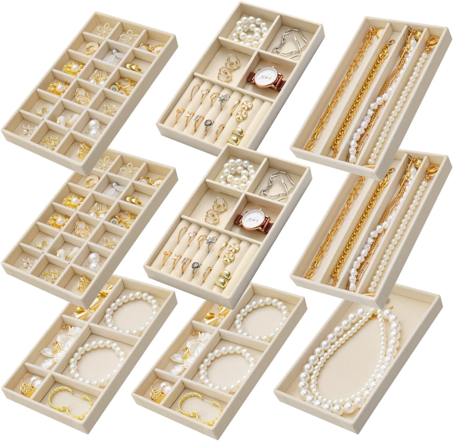 Stackable  Organizer Trays Set of 9, Small   Organizers Earring Necklace Ring Bracelet Display Case Storage for Drawer Dresser (Beige)