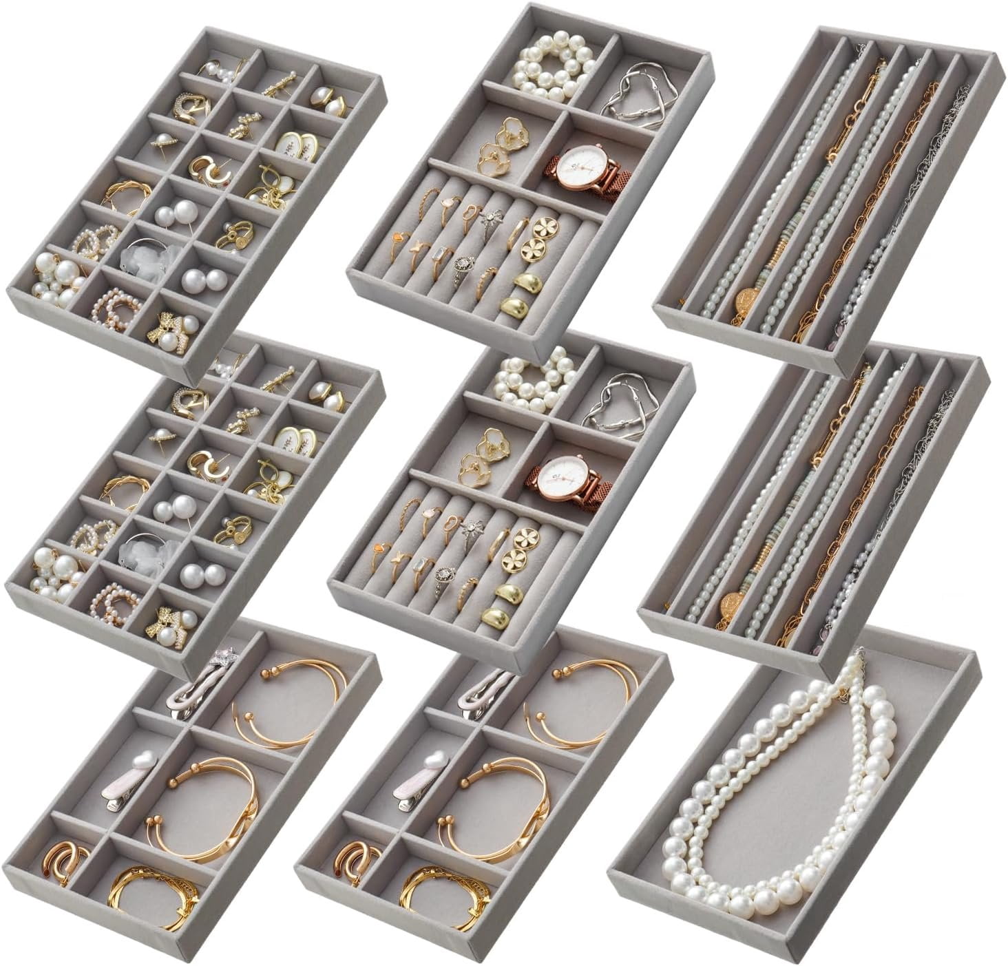 Stackable  Organizer Trays Set of 9, Small   Organizers Earring Necklace Ring Bracelet Display Case Storage for Drawer Dresser (Grey)