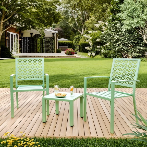 Stackable Outdoor Bistro Set 3 Piece Metal Garden Sofa Group with Carved Backrest, Coffee Table & 2 Chairs, Compact Patio Furniture for Balcony, Porch, Apartment, or Backyard, Light Green