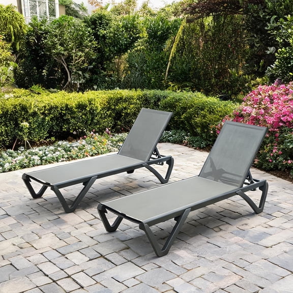 Stackable Outdoor Chaise Lounge with Adjustable Backrest, Aluminum Frame, Classic Gray, Set of 2