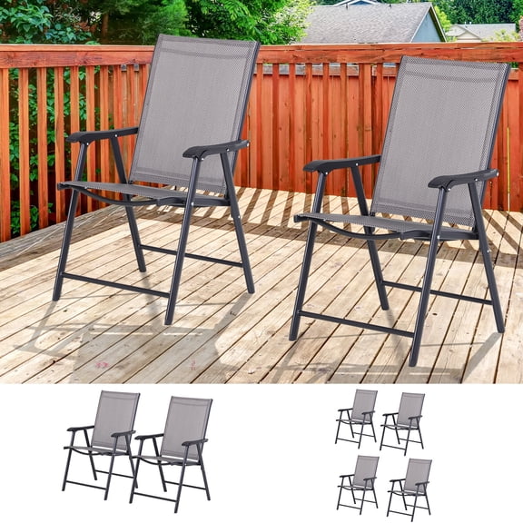 Stackable Outdoor Folding Chairs Set of 2, Patio Sling Dining Chairs with Armrests for Lawn Camping Beach, Gray Metal Frame, No Assembly