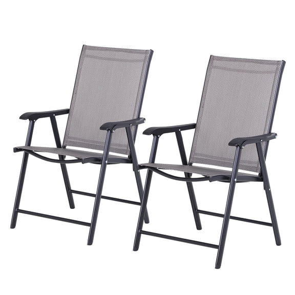 Stackable Outdoor Sling Patio Dining Chairs Set of 2, Folding Lawn Chairs for Camping Beach with Armrests, Metal Frame, No Assembly, Gray