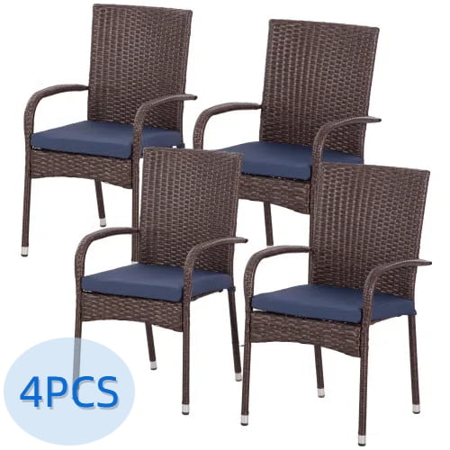 Stackable PE Rattan Outdoor Dining Chairs with Cushions, Set of 4 Patio ...