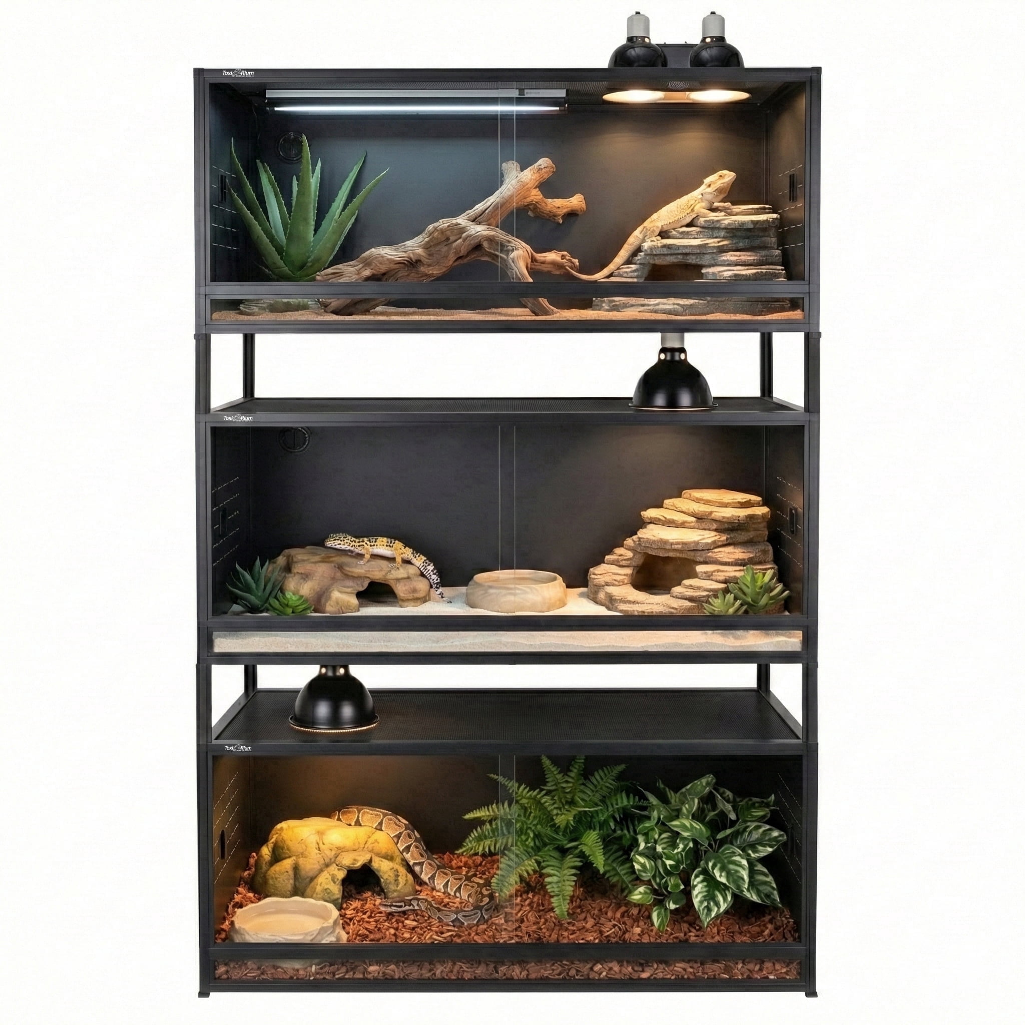 ToxiRium PVC Reptile Enclosure, 3 Tier Stackable Reptile Terrarium 40 x 16 x 16 inch with Front Opening Tempered Glass Doors and Lock for Bearded Dragon, Ball Python, Gecko