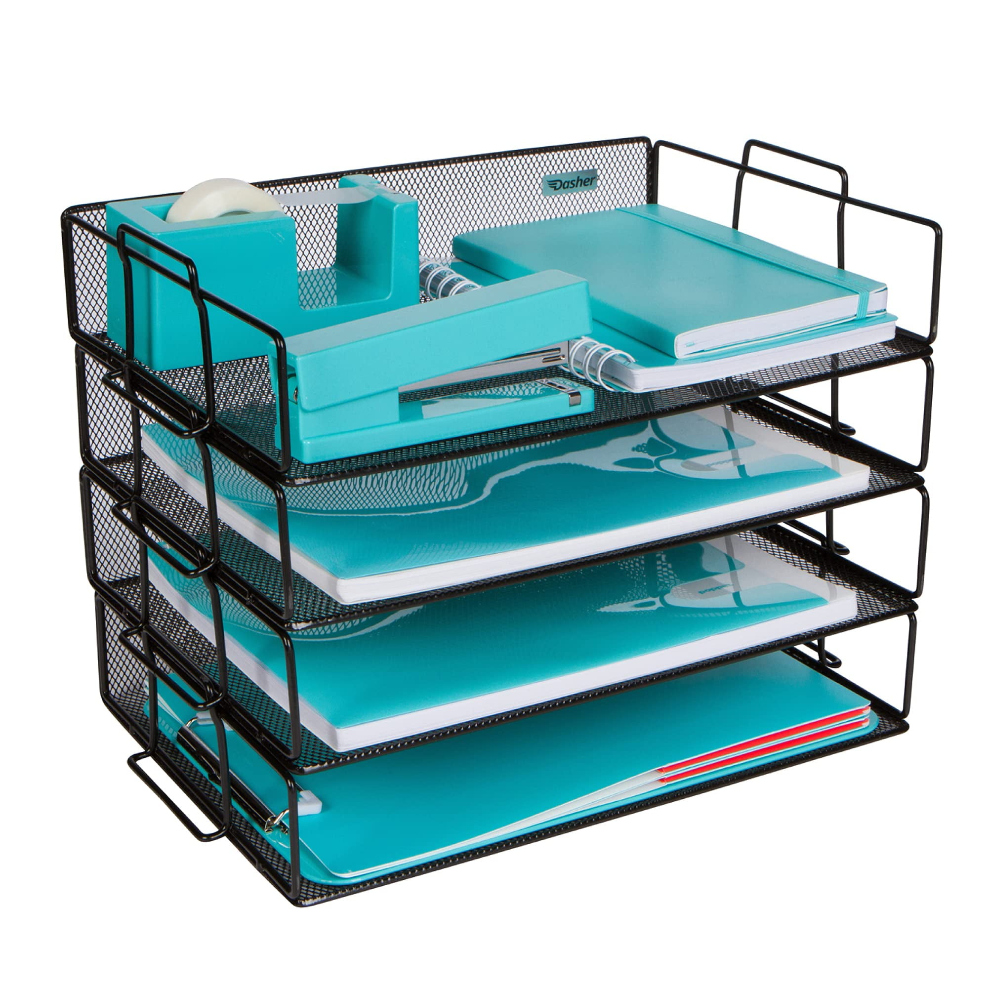 Stackable Paper Tray Desk Organizer, 4-Tier Metal Mesh Letter Organizers for Business, Home, School, or Store Use, Organizes Files, Folders, Letters, Paper, Binders, Multi-Functional Desktop Storage