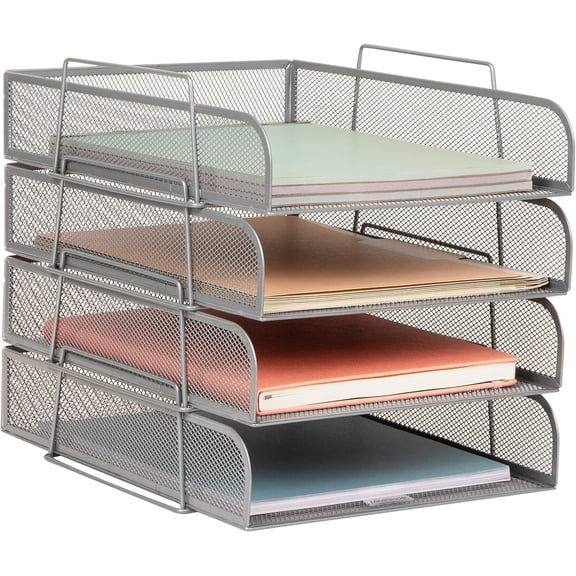 Stackable Paper Tray, Desktop Organizer, File Storage, Office, Metal Mesh, 10.5" L x 13.5" W x 11.25" H, 4 Pcs., Black