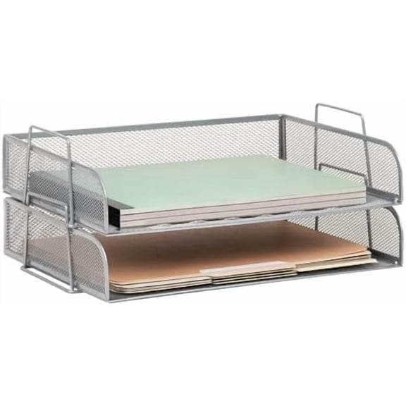 Stackable Paper Tray, Desktop Organizer, File Storage, Office, Metal Mesh, 13.25" L x 9.75" W x 6.25" H, 2 Pcs., Silver