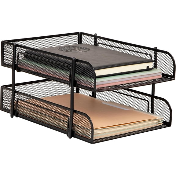 Stackable Paper Tray, Desktop Organizer, File Storage, Office, Metal Mesh, 2 Pcs, Black