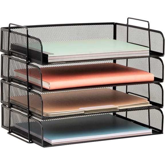 Stackable Paper Tray, Desktop Organizer, File Storage, Office, Metal Mesh, 4 Pcs., Black