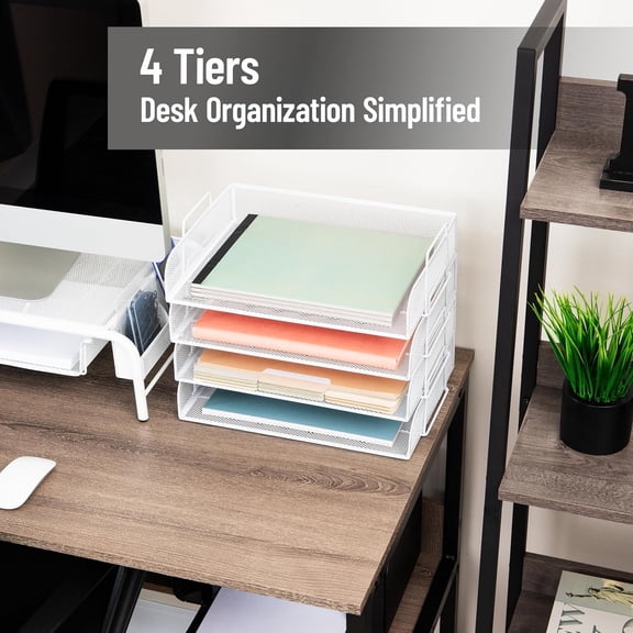 Stackable Paper Tray, Desktop Organizer, File Storage, Office, Metal Mesh, 4 Pcs., White