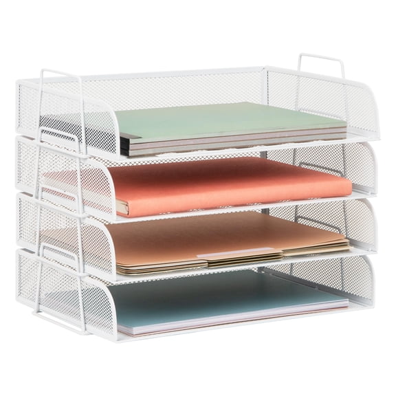 Stackable Paper Tray, Desktop Organizer, File Storage, Office, Metal Mesh, 4 Pcs