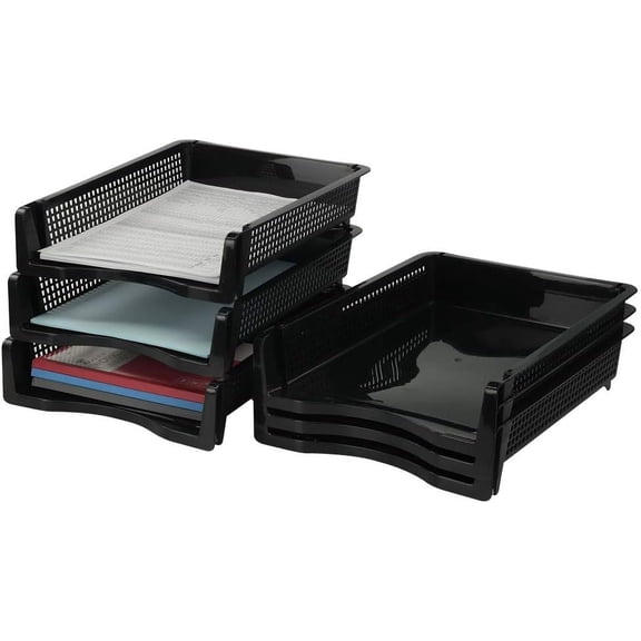 Stackable Paper Tray Set of 6, Black Plastic Letter Tray Basket