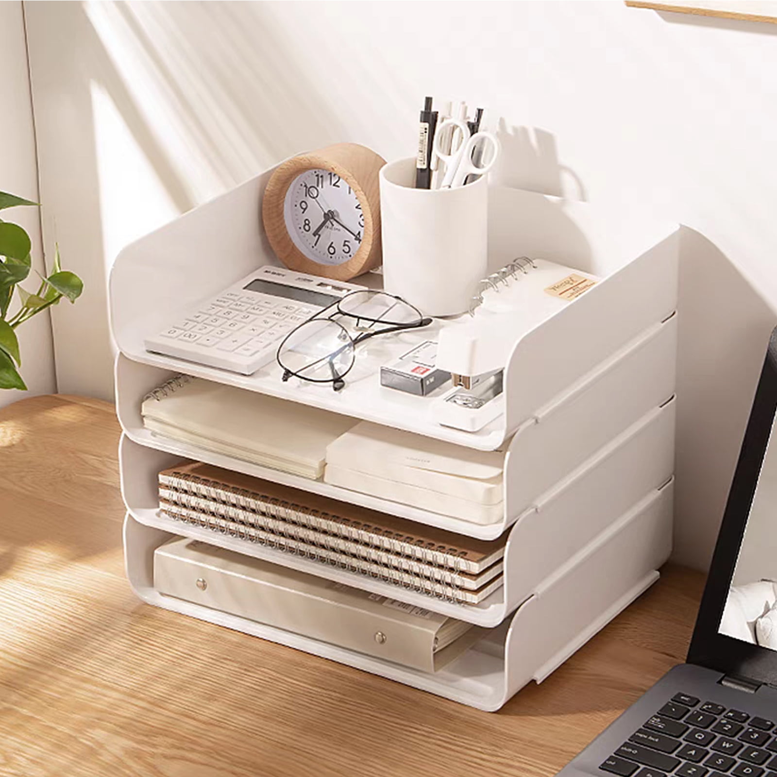 Stackable Paper Trays 4 Pack, Desk Letter Tray Set with 4 File Bags, Stackable Desk Organizer for Books, Magazines, Folders, A4 Size File Paper, Notes, Pens (White)
