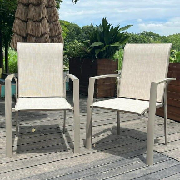 Stackable Patio Chairs Set of 2, High Back Dining Chairs with Ergonomic Back and Armrest, Weight Capacity 400 Lbs, Lightweight Waterproof Outdoor Chairs for Garden, Poolsides, Balcony, Cream