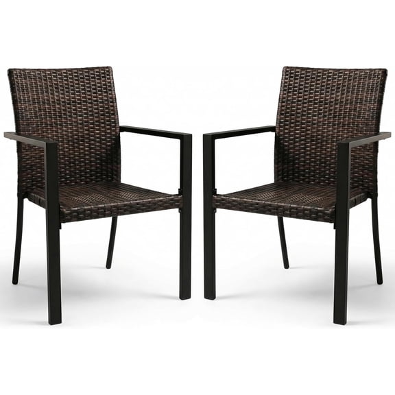 Stackable Patio Chairs Set of 2, Outdoor Wicker Dining Chairs with Armrests & Steel Frame, All-Weather Space-Saving for Balcony, Garden, Poolside or Fire Pit Area - Brown
