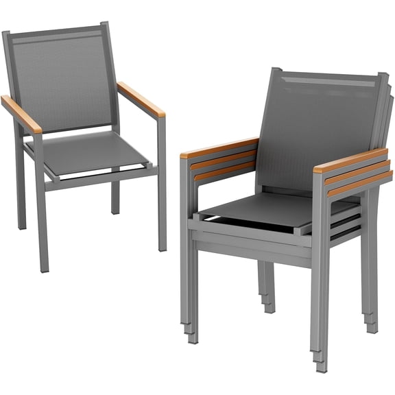 Stackable Patio Chairs Set of 4, Aluminum Dining Chair with Textilene Fabric & WPC Armrests, 17" Seat Height, All Weather Outdoor Chair for Poolside, Balcony, Terrace & Restaurants, Grey