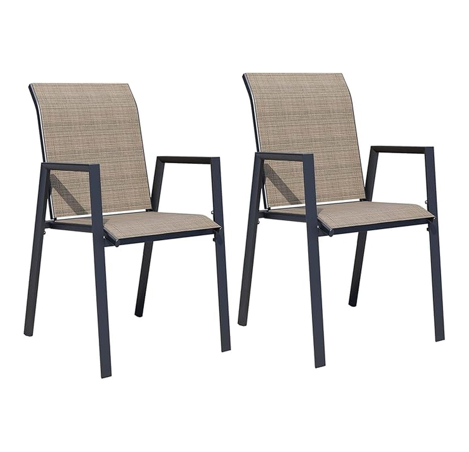 Stackable Patio Chairs Set of 2, Outdoor Dining Chairs with High Back & Metal Frame, Lightweight Sling Chair for Lawn Garden Deck, Mocha