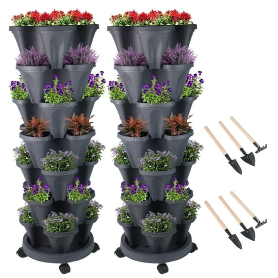 Stackable Planter with Wheels, Indoor Outdoor Pots - 7 Tier Vertical Garden Planter - Dark Gray,2 Set