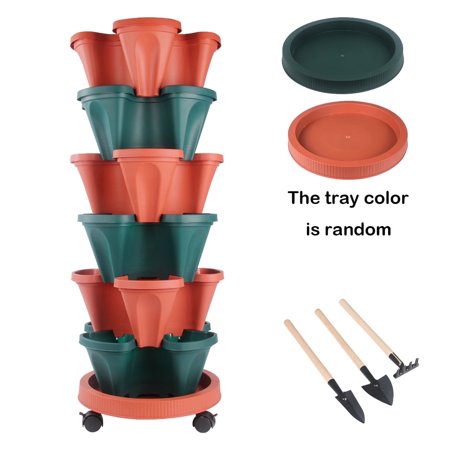 Stackable Planter 6 Tier with Wheels and Tools, Indoor Outdoor Gardening Pots - Vertical Garden Planter,Green and Red