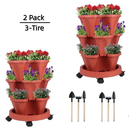 Stackable Planter with Wheels and Tools, Indoor Outdoor Gardening Pots - 3 Tier Vertical Garden Planter - 2 Set