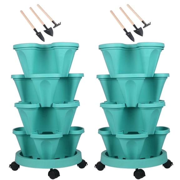 Stackable Planter with Wheels and Tools, Indoor Outdoor Gardening Pots - 4 Tier Vertical Garden Planter, Teal, 2 Set