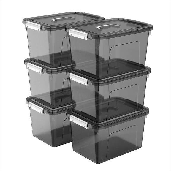 Stackable Plastic Black Storage Bins with Lids 6 Pack 12 Quart Modular Organizer Boxes with Secure Latches