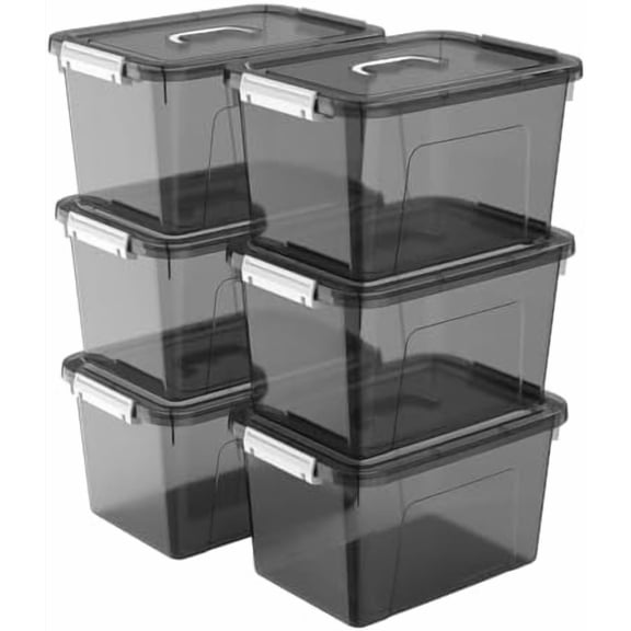 Stackable Plastic Black Storage Bins with Lids 6 Pack, 12 Quart Modular Organizer Boxes with Secure Latches for Closet, Pantry, Office and Small Item Storage