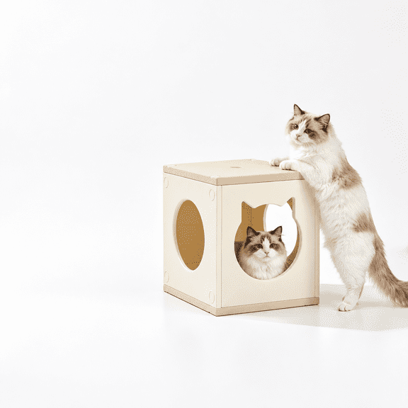 Stackable Plastic Cat House for Indoor Cats, Beige, 1 Cube with Mat