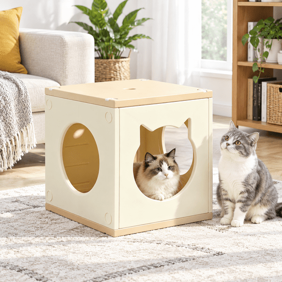 Stackable Plastic Cat House for Indoor Cats, Beige Cube Cave with Reversible Mat