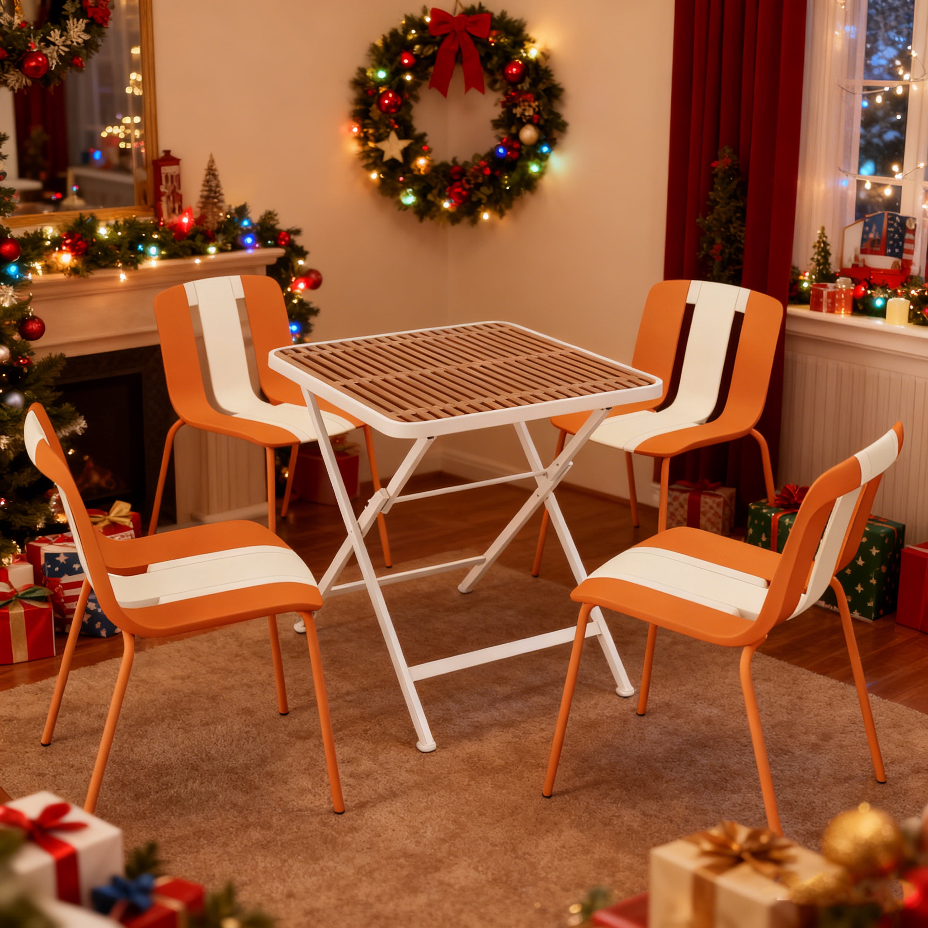 Stackable Plastic Chairs Set of 4 for Indoor and Outdoor Use, Heavy-Duty Design with Sturdy Metal Legs and Anti-Slip Feet in a White, Orange and Beige Color Block, Supports 330 lbs