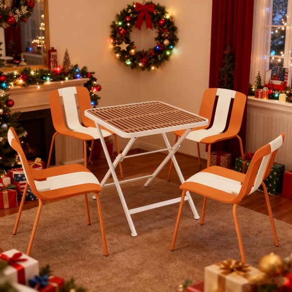 Stackable Plastic Chairs Set of 4 for Indoor and Outdoor Use, Heavy-Duty Design with Sturdy Metal Legs and Anti-Slip Feet in a White, Orange and Beige Color Block, Supports 330 lbs