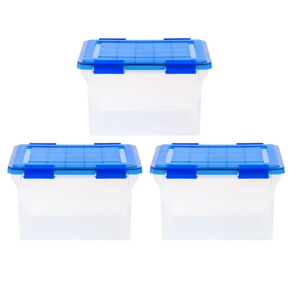 Clear and Blue Plastic Stackable File Storage Boxes, Set of 3