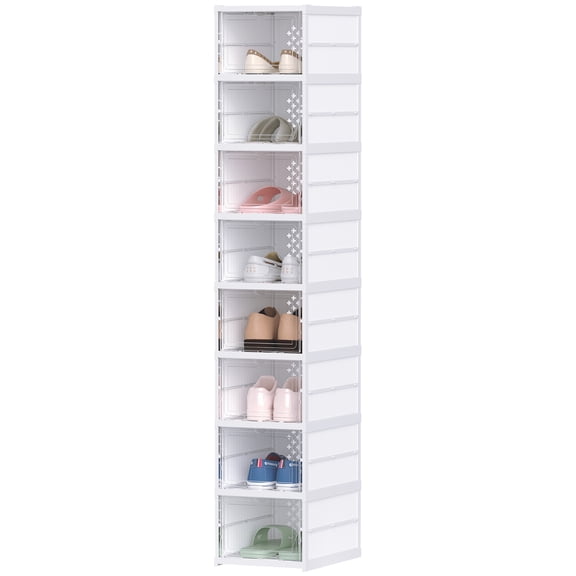 Stackable Plastic Shoe Boxes, 8 Pack Foldable, Clear Door, No Assembly, Fit Size 10, White.