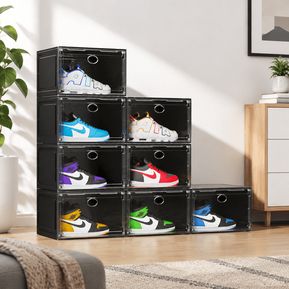 Stackable Platic Shoe Rack Stackable Plastic Shoe Storage Boxes, 8 Pack, Dark Black, Fits Up to ...