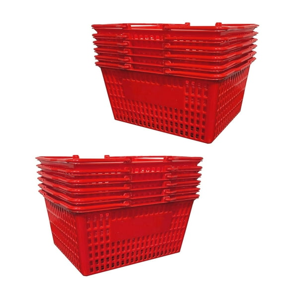 Stackable Plastic Shopping Baskets, Red and Blue, Easy-Grip Handles for Grocery, Retail, Liquor Stores, Home Use (12-pack, Red)
