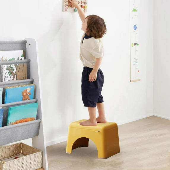 Stackable Plastic Step Stool | Non-Slip Footrest, Thickened Seat, Wide Anti-Rollover Base | Small Stool for Bathroom, Living Room, Kitchen | Yellow or Beige, 12"x8.7"x7.9", Lightweight, Floor Safe