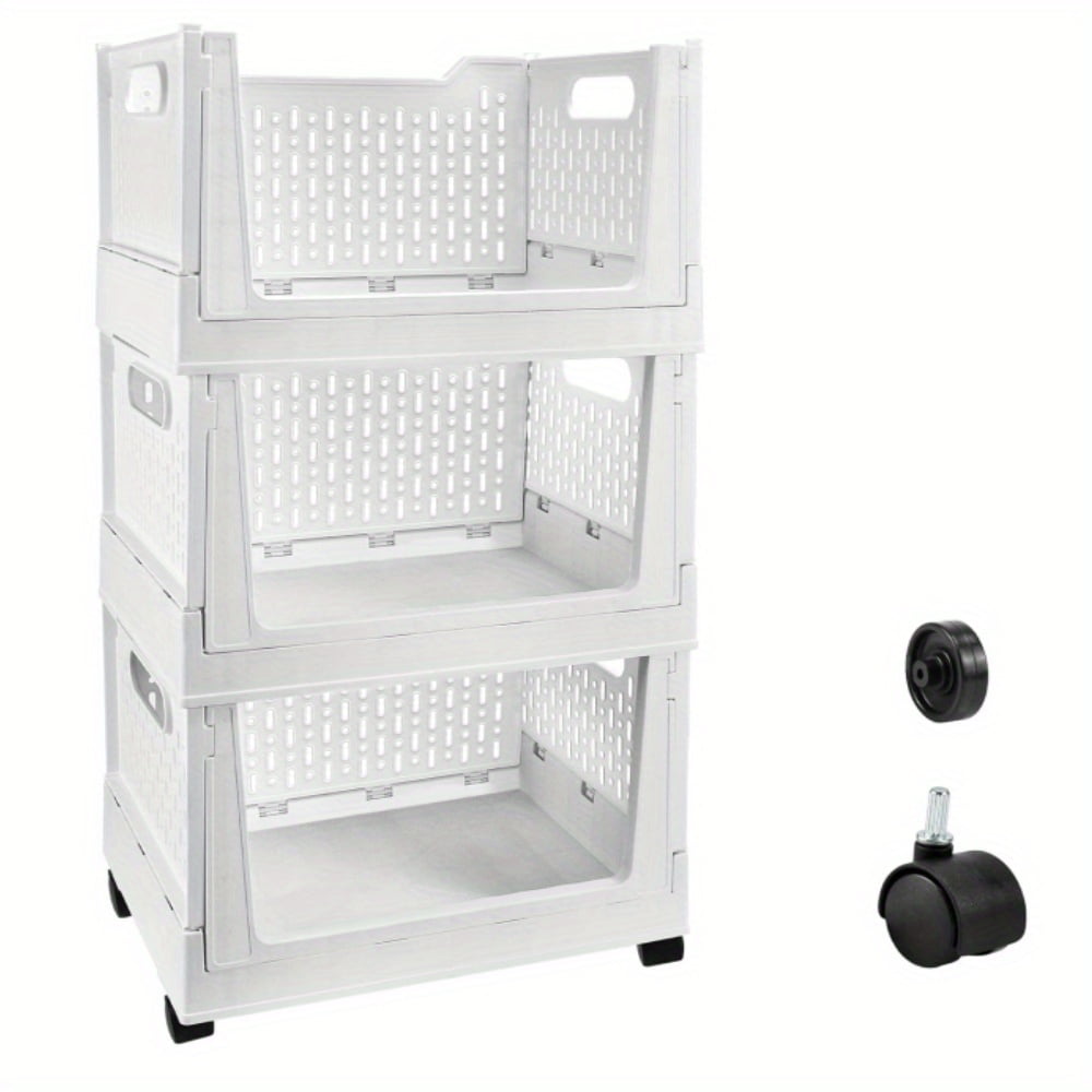 Stackable Plastic Storage Basket, 3 Pack Foldable Closet Organizers and